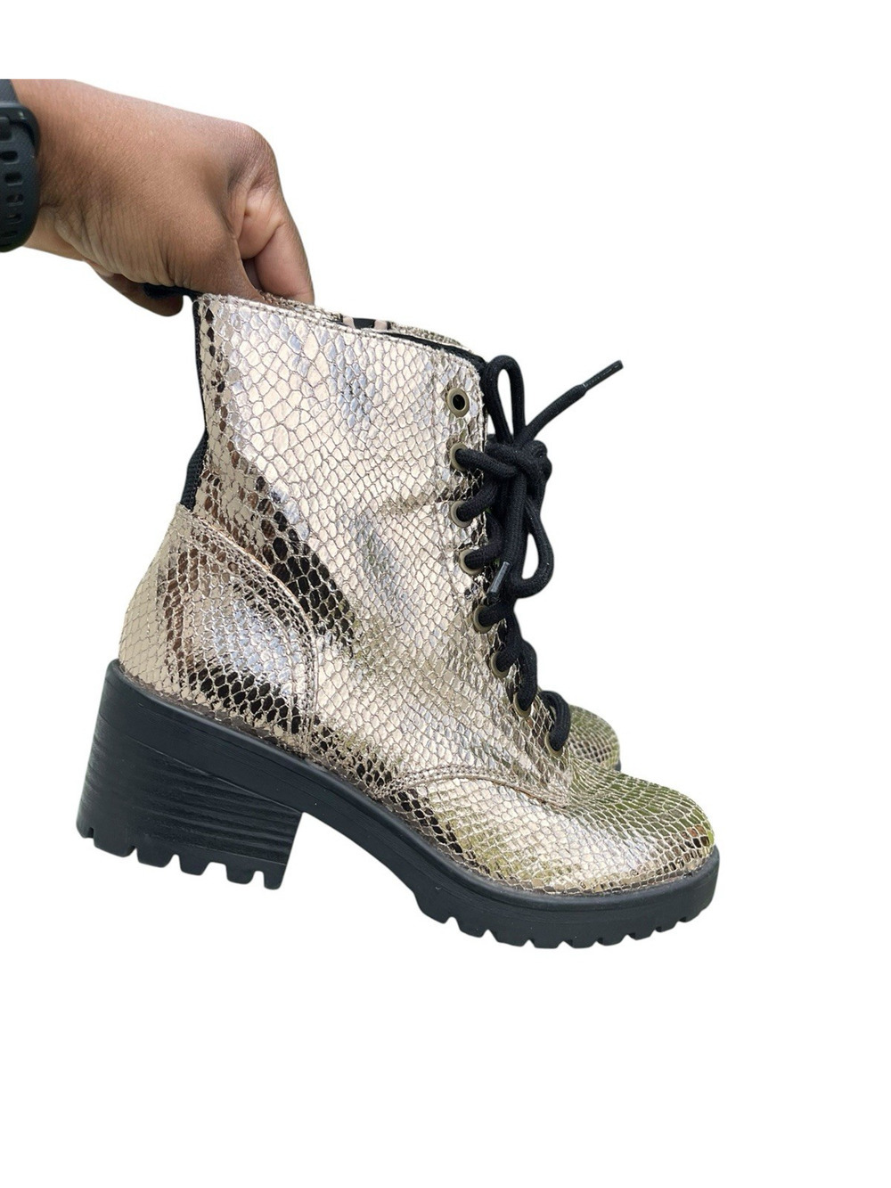 Scoop NYC Combat Boots Womens Size 7 Metallic Gold Lace Up Zip Chunky Textured